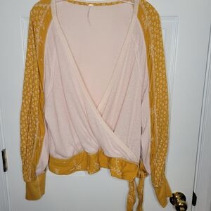 Free People Pink and Yellow Floral Wrap Blouse